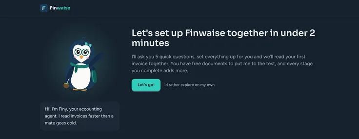 First screen of the Finwaise welcome, with Finy and the button to start