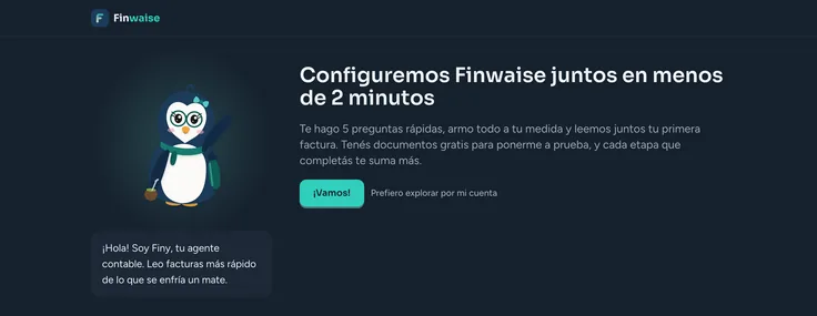 Primera pantalla de la bienvenida de Finwaise, con Finy y el botón para empezar