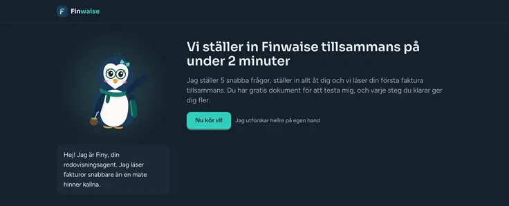 Första skärmen i Finwaise välkomst, med Finy och knappen för att börja