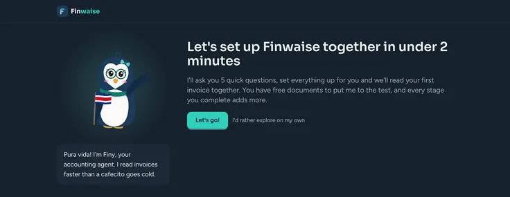 First screen of the Finwaise welcome, with Finy and the button to start