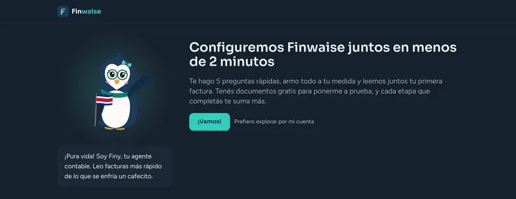 Primera pantalla de la bienvenida de Finwaise, con Finy y el botón para empezar