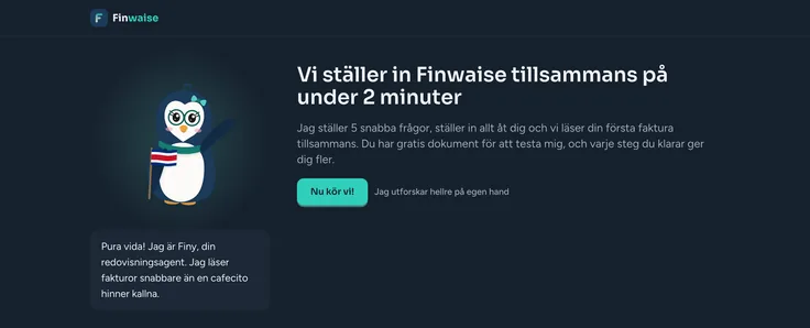 Första skärmen i Finwaise välkomst, med Finy och knappen för att börja