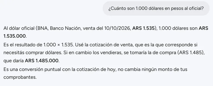 Respuesta de Finy que convierte 1.000 dólares al oficial y explica cuándo se usa la cotización de compra y cuándo la de venta